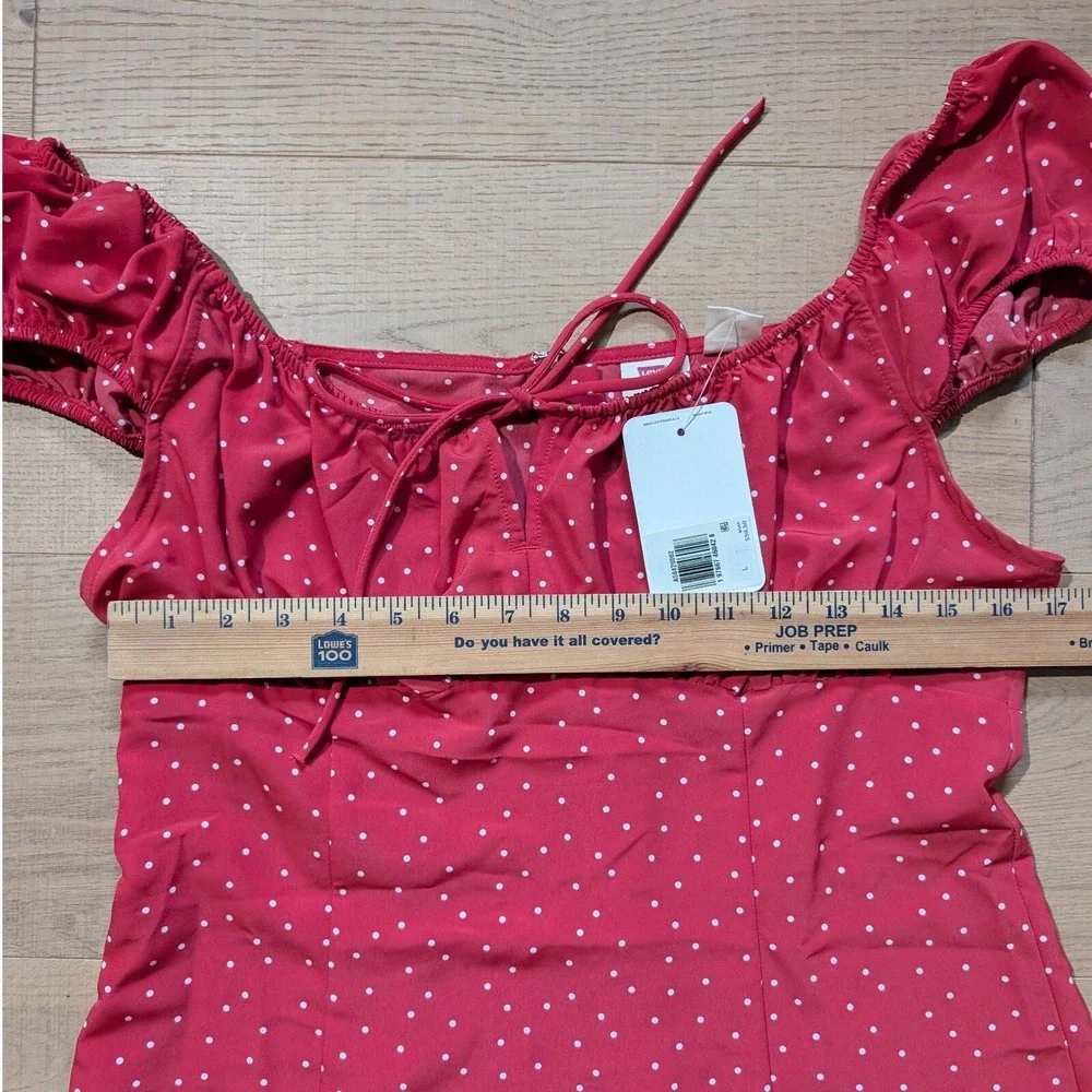 Levi's Polka Dot Mini SunDress Puff Sleeve Tie Front‎ Red country western Size L - Picture 3 of 6